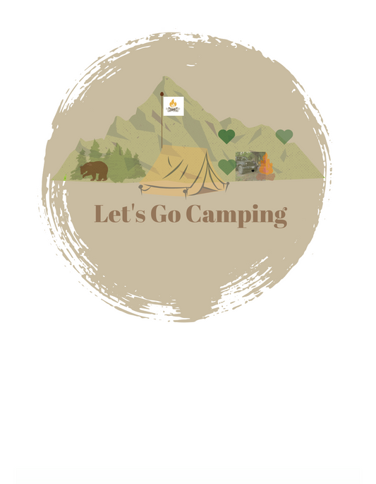 an image that says Let's Go Camping. With a tent and the backyard off-grid brand